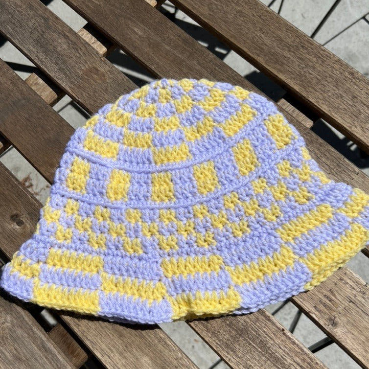 Pastel Yellow & Lavender Funky Checkered Bucket Hat ⭐️ 💟