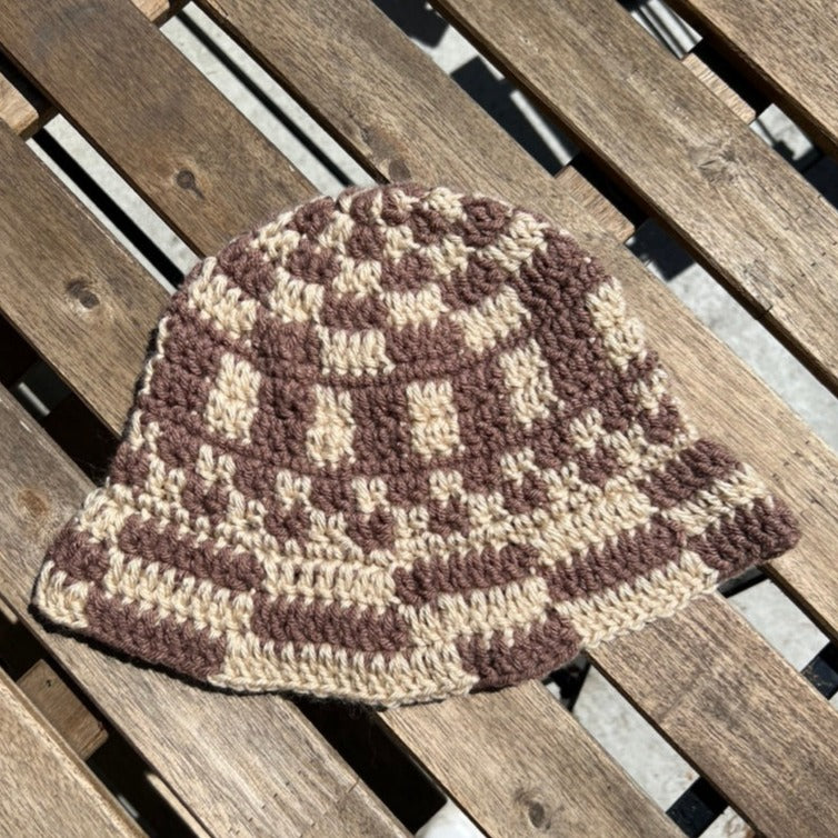 Brown & Tan Funky Checkered Bucket Hat 🐻