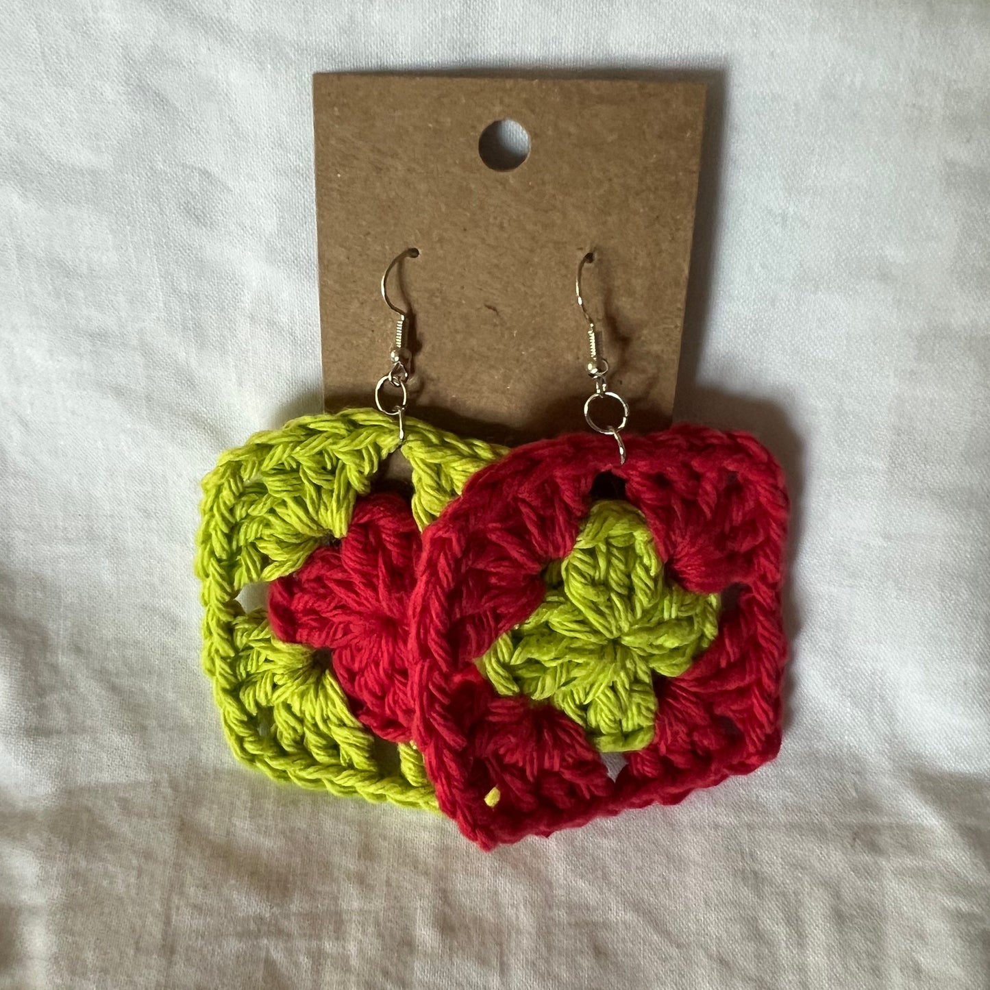 Mismatched Red and Green Granny Square Earrings