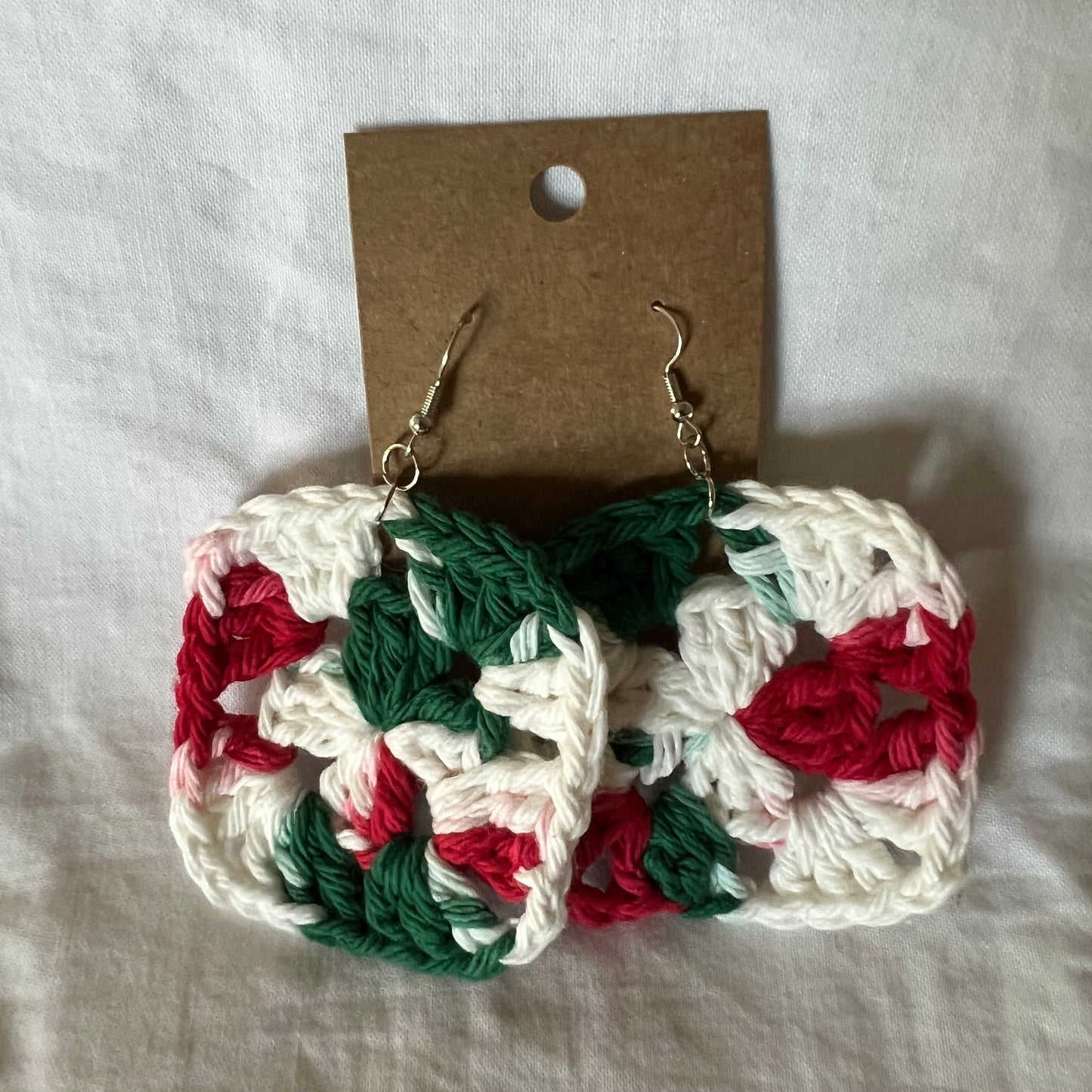 Red White and Green Granny Square Earrings 🎄💚🔴🤍