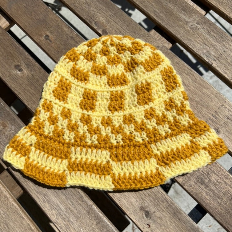 Pastel Yellow & Gold Funky Checkered Bucket Hat ⭐️ 💛