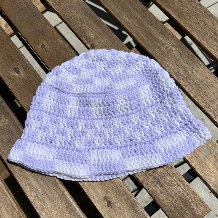 White & Lavender Funky Checkered Bucket Hat ☁️ 💜